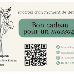 Spécimen de la carte cadeau pour un massage chez instant suspendu, Lucie Fruchet à Cholet.