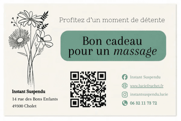 Spécimen de la carte cadeau pour un massage chez instant suspendu, Lucie Fruchet à Cholet.